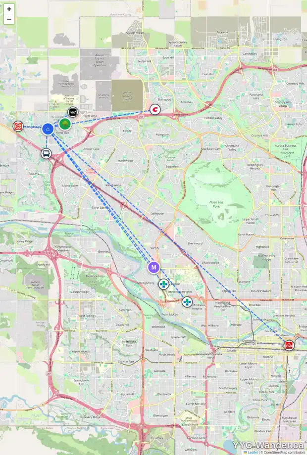 Daily accessibility map for 182 ROCKY RIDGE LD NW, Calgary showing nearby schools, grocery stores, parks, LRT stations and nearby amenities