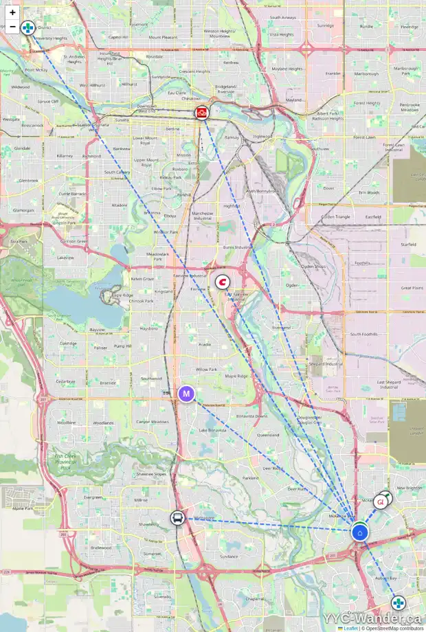 Daily accessibility map for 47 ELGIN HE SE, Calgary showing nearby schools, grocery stores, parks, LRT stations and nearby amenities