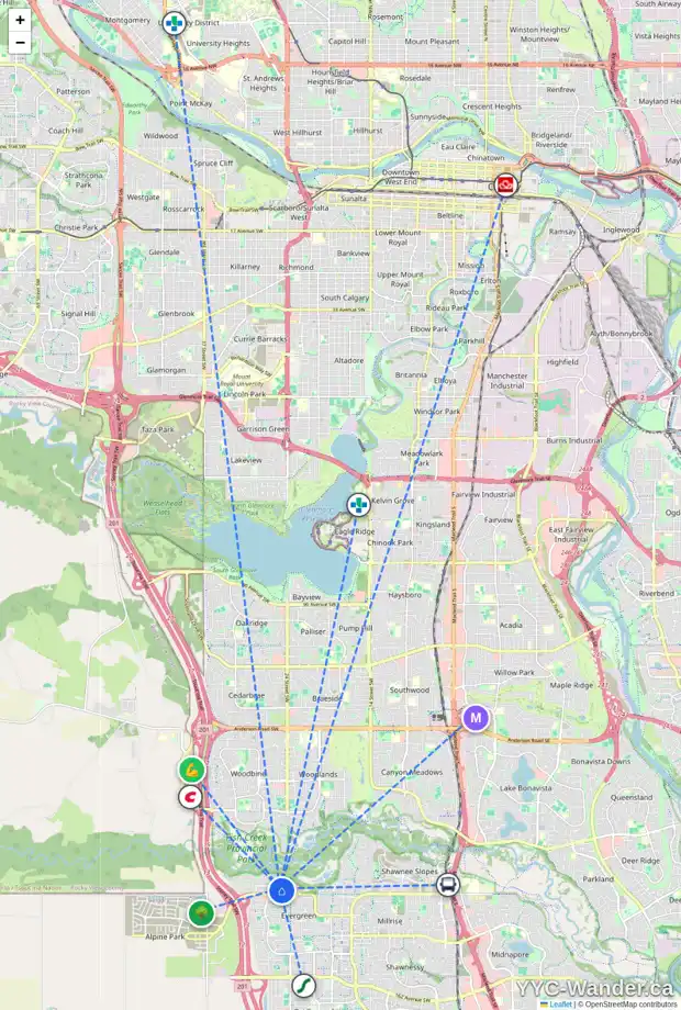 Daily accessibility map for 5 EVERCREEK BLUFFS CR SW, Calgary showing nearby schools, grocery stores, parks, LRT stations and nearby amenities