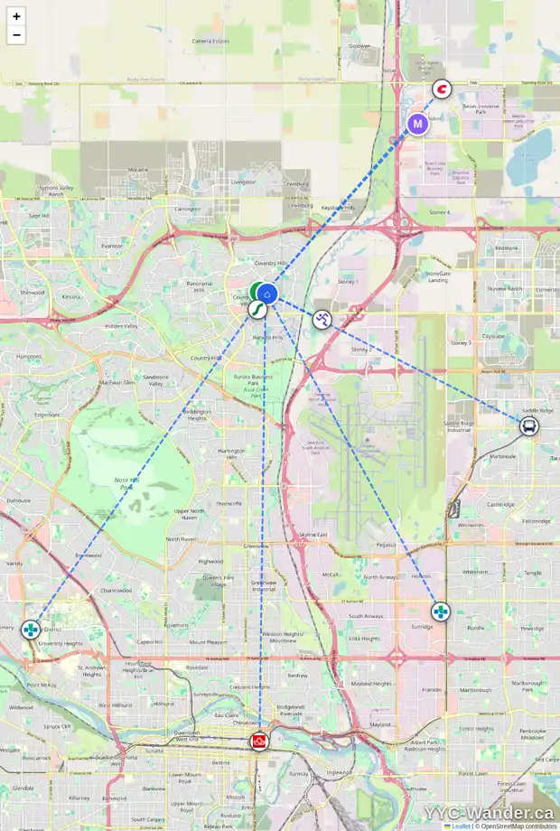 Daily accessibility map for 404 COUNTRY VILLAGE CA NE, Calgary showing nearby schools, grocery stores, parks, LRT stations and nearby amenities