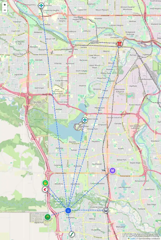 Daily accessibility map for 15 EVERCREEK BLUFFS RD SW, Calgary showing nearby schools, grocery stores, parks, LRT stations and nearby amenities
