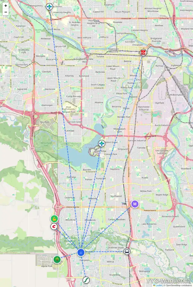 Daily accessibility map for 31 EVERCREEK BLUFFS RD SW, Calgary showing nearby schools, grocery stores, parks, LRT stations and nearby amenities