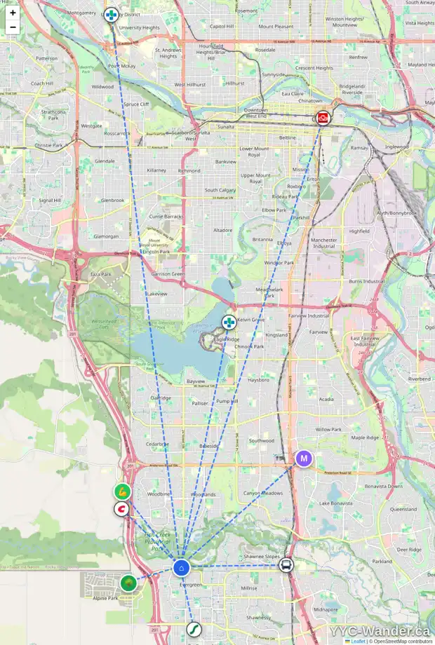 Daily accessibility map for 39 EVERCREEK BLUFFS RD SW, Calgary showing nearby schools, grocery stores, parks, LRT stations and nearby amenities