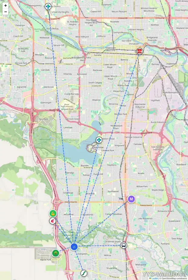 Daily accessibility map for 121 EVERCREEK BLUFFS RD SW, Calgary showing nearby schools, grocery stores, parks, LRT stations and nearby amenities