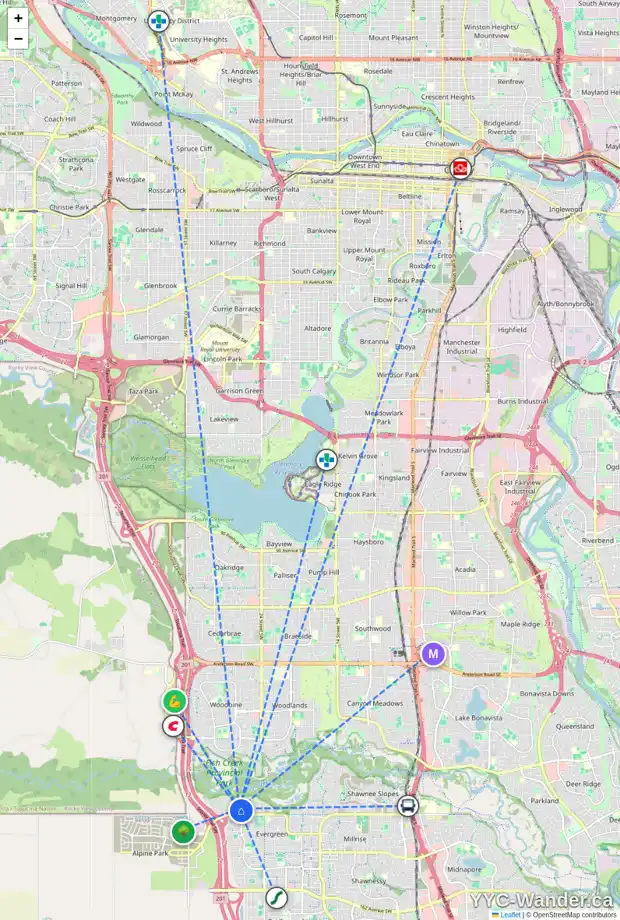 Daily accessibility map for 141 EVERCREEK BLUFFS RD SW, Calgary showing nearby schools, grocery stores, parks, LRT stations and nearby amenities