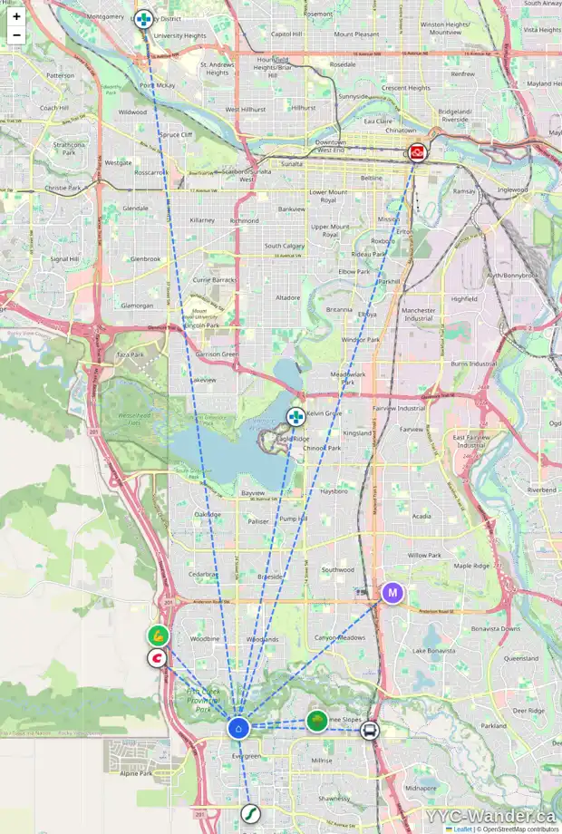 Daily accessibility map for 2504 EVERCREEK BLUFFS WY SW, Calgary showing nearby schools, grocery stores, parks, LRT stations and nearby amenities