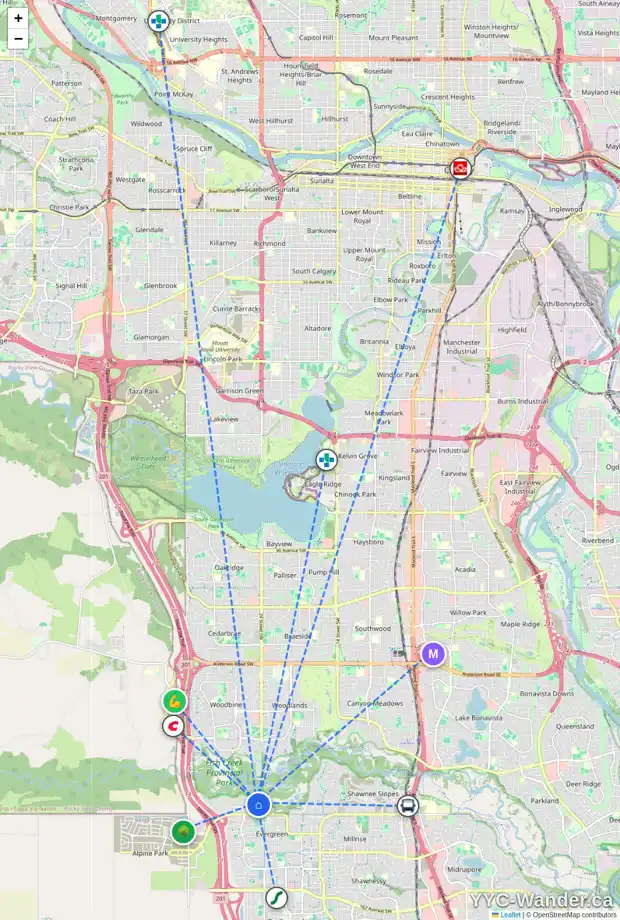 Daily accessibility map for 2523 EVERCREEK BLUFFS WY SW, Calgary showing nearby schools, grocery stores, parks, LRT stations and nearby amenities
