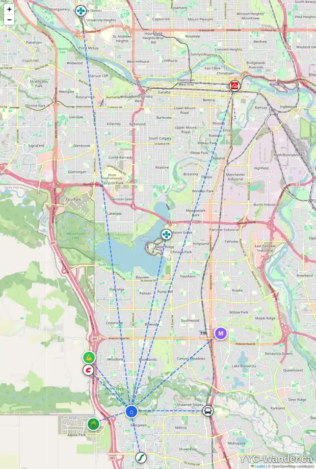 Daily accessibility map for 38 EVERCREEK BLUFFS RD SW, Calgary showing nearby schools, grocery stores, parks, LRT stations and nearby amenities