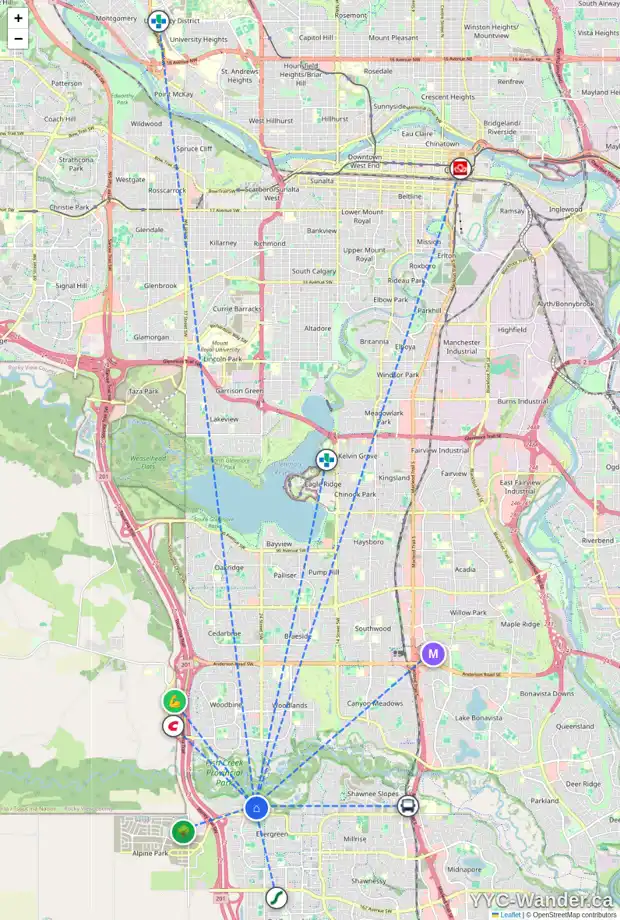 Daily accessibility map for 50 EVERCREEK BLUFFS RD SW, Calgary showing nearby schools, grocery stores, parks, LRT stations and nearby amenities