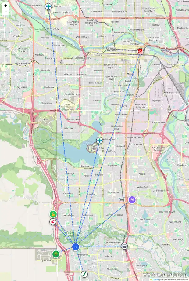 Daily accessibility map for 102 EVERCREEK BLUFFS RD SW, Calgary showing nearby schools, grocery stores, parks, LRT stations and nearby amenities