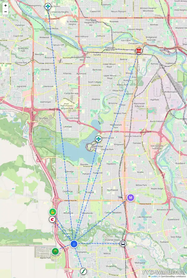 Daily accessibility map for 122 EVERCREEK BLUFFS RD SW, Calgary showing nearby schools, grocery stores, parks, LRT stations and nearby amenities