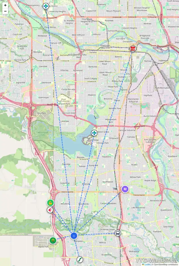 Daily accessibility map for 25 EVERCREEK BLUFFS CR SW, Calgary showing nearby schools, grocery stores, parks, LRT stations and nearby amenities