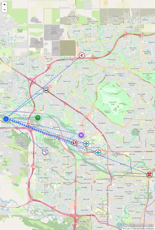 Daily accessibility map for 234 VALLEY CREST CO NW, Calgary showing nearby schools, grocery stores, parks, LRT stations and nearby amenities