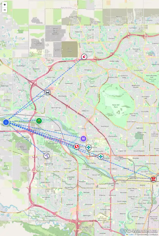 Daily accessibility map for 242 VALLEY CREST CO NW, Calgary showing nearby schools, grocery stores, parks, LRT stations and nearby amenities