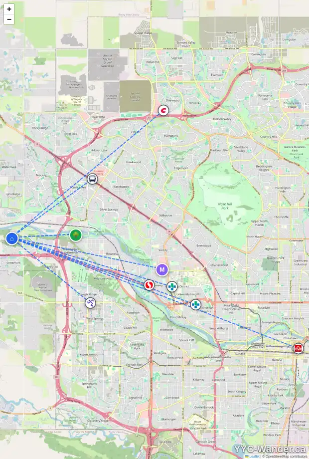 Daily accessibility map for 250 VALLEY CREST CO NW, Calgary showing nearby schools, grocery stores, parks, LRT stations and nearby amenities