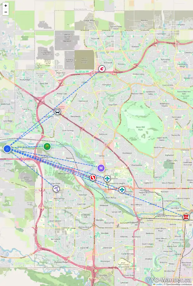 Daily accessibility map for 254 VALLEY CREST CO NW, Calgary showing nearby schools, grocery stores, parks, LRT stations and nearby amenities