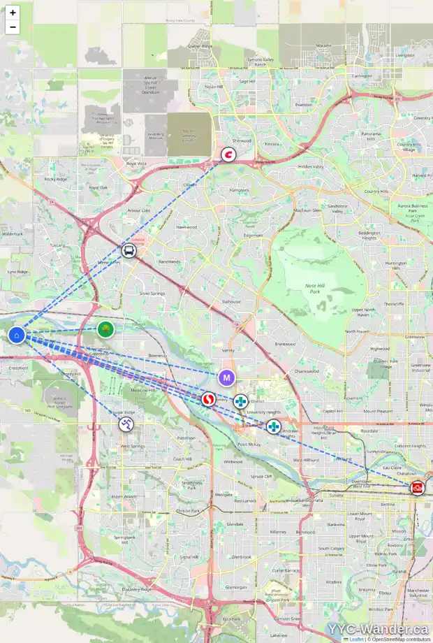 Daily accessibility map for 258 VALLEY CREST CO NW, Calgary showing nearby schools, grocery stores, parks, LRT stations and nearby amenities