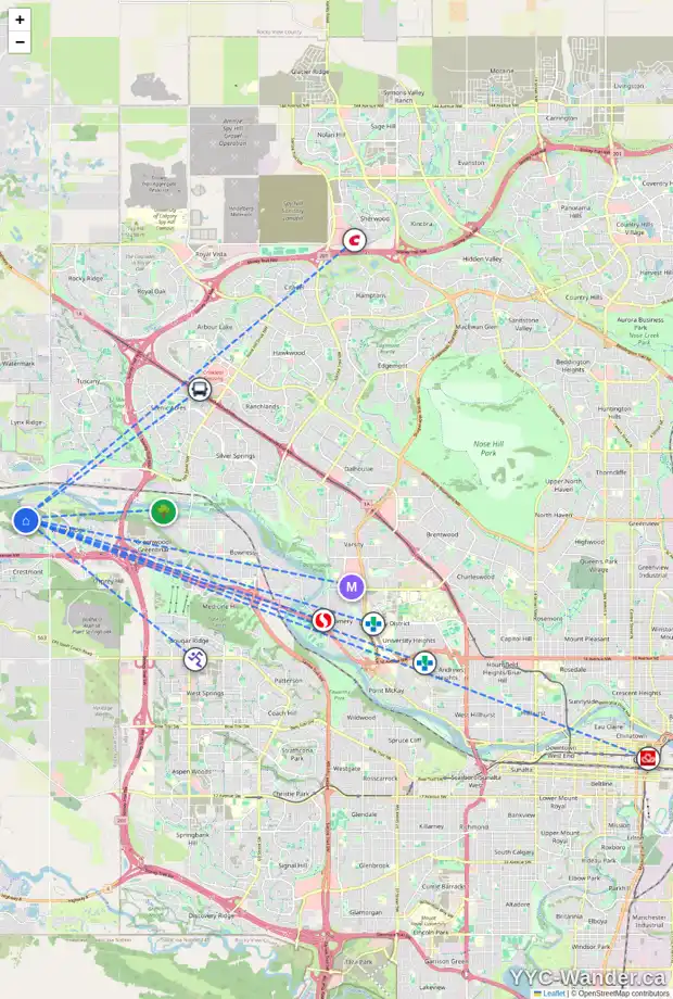 Daily accessibility map for 262 VALLEY CREST CO NW, Calgary showing nearby schools, grocery stores, parks, LRT stations and nearby amenities