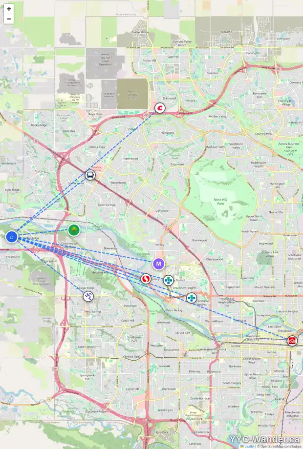 Daily accessibility map for 105 VALLEY CREST CO NW, Calgary showing nearby schools, grocery stores, parks, LRT stations and nearby amenities
