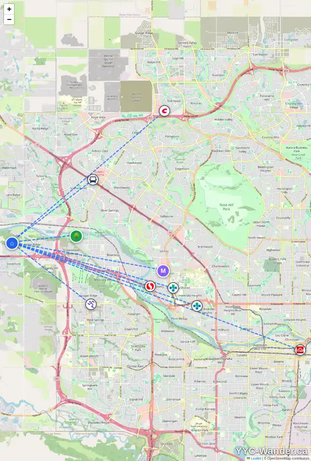 Daily accessibility map for 109 VALLEY CREST CO NW, Calgary showing nearby schools, grocery stores, parks, LRT stations and nearby amenities