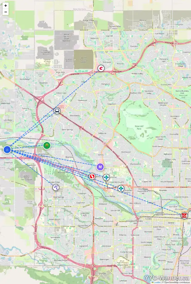 Daily accessibility map for 113 VALLEY CREST CO NW, Calgary showing nearby schools, grocery stores, parks, LRT stations and nearby amenities