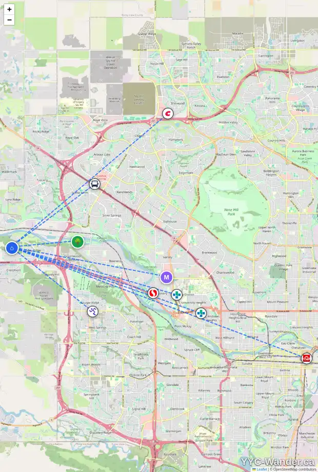 Daily accessibility map for 121 VALLEY CREST CO NW, Calgary showing nearby schools, grocery stores, parks, LRT stations and nearby amenities