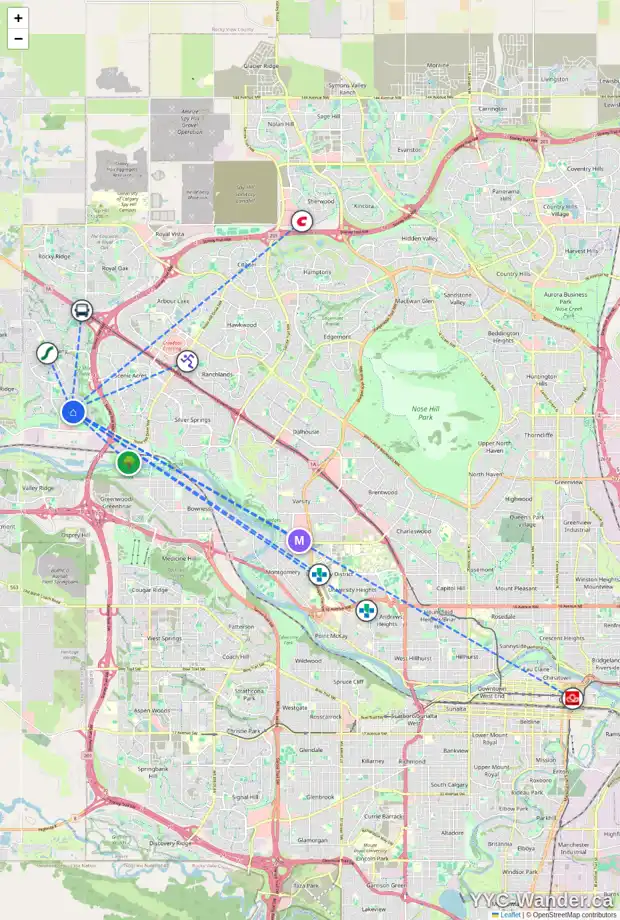 Daily accessibility map for 56 TUSCANY RAVINE CR NW, Calgary showing nearby schools, grocery stores, parks, LRT stations and nearby amenities