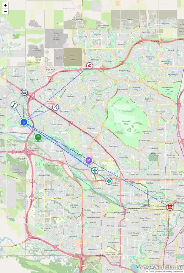 Daily accessibility map for 23 TUSCANY RAVINE CO NW, Calgary showing nearby schools, grocery stores, parks, LRT stations and nearby amenities