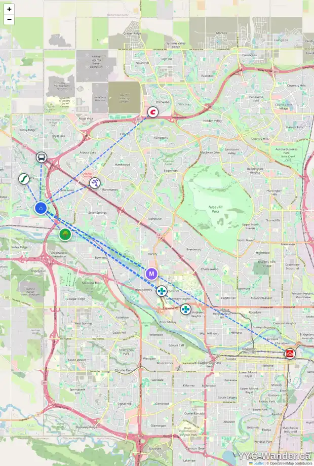 Daily accessibility map for 39 TUSCANY RAVINE CO NW, Calgary showing nearby schools, grocery stores, parks, LRT stations and nearby amenities