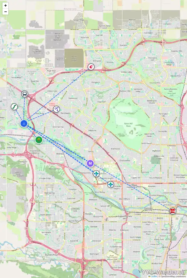 Daily accessibility map for 59 TUSCANY RAVINE CO NW, Calgary showing nearby schools, grocery stores, parks, LRT stations and nearby amenities