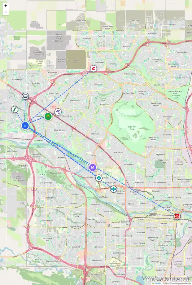 Daily accessibility map for 87 TUSCANY RAVINE CO NW, Calgary showing nearby schools, grocery stores, parks, LRT stations and nearby amenities
