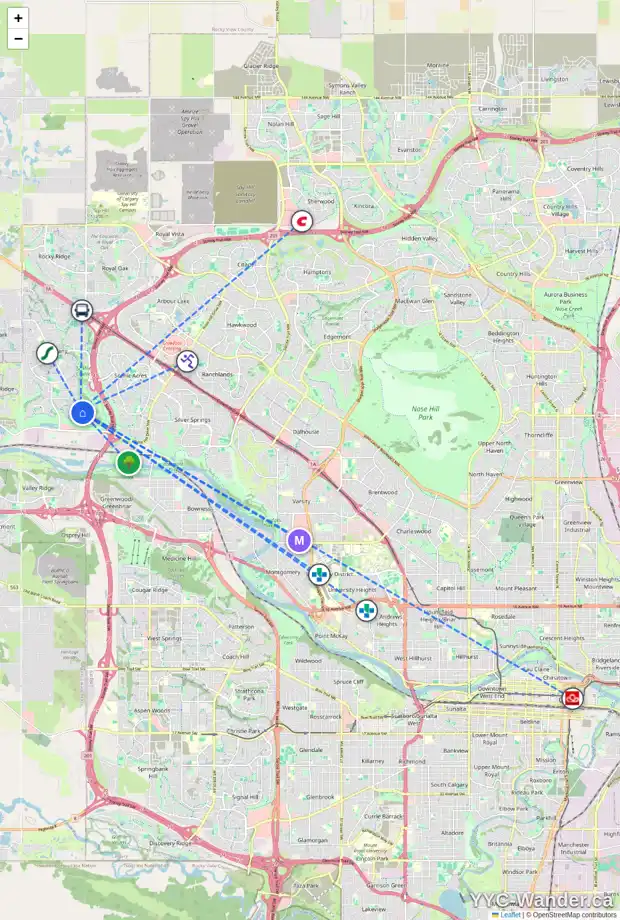 Daily accessibility map for 16 TUSCANY RAVINE CO NW, Calgary showing nearby schools, grocery stores, parks, LRT stations and nearby amenities