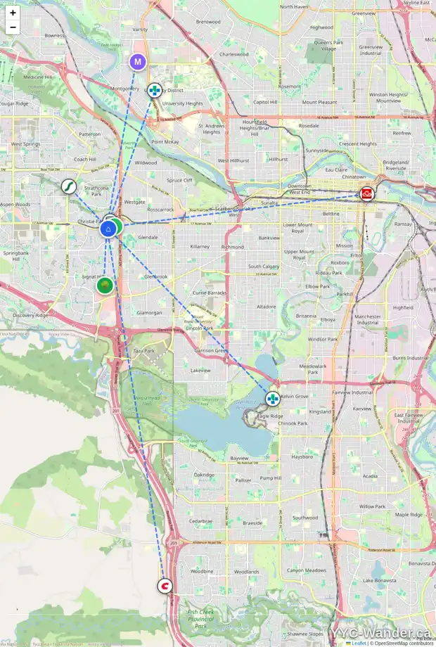 Daily accessibility map for 119 1858 SIROCCO DR SW, Calgary showing nearby schools, grocery stores, parks, LRT stations and nearby amenities