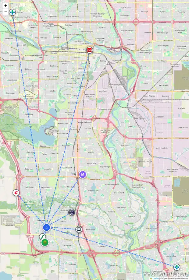Daily accessibility map for 5 EVERSYDE ST SW, Calgary showing nearby schools, grocery stores, parks, LRT stations and nearby amenities