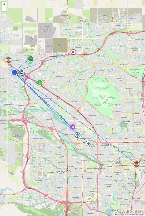 Daily accessibility map for 619 TUSCANY SPRINGS BV NW, Calgary showing nearby schools, grocery stores, parks, LRT stations and nearby amenities
