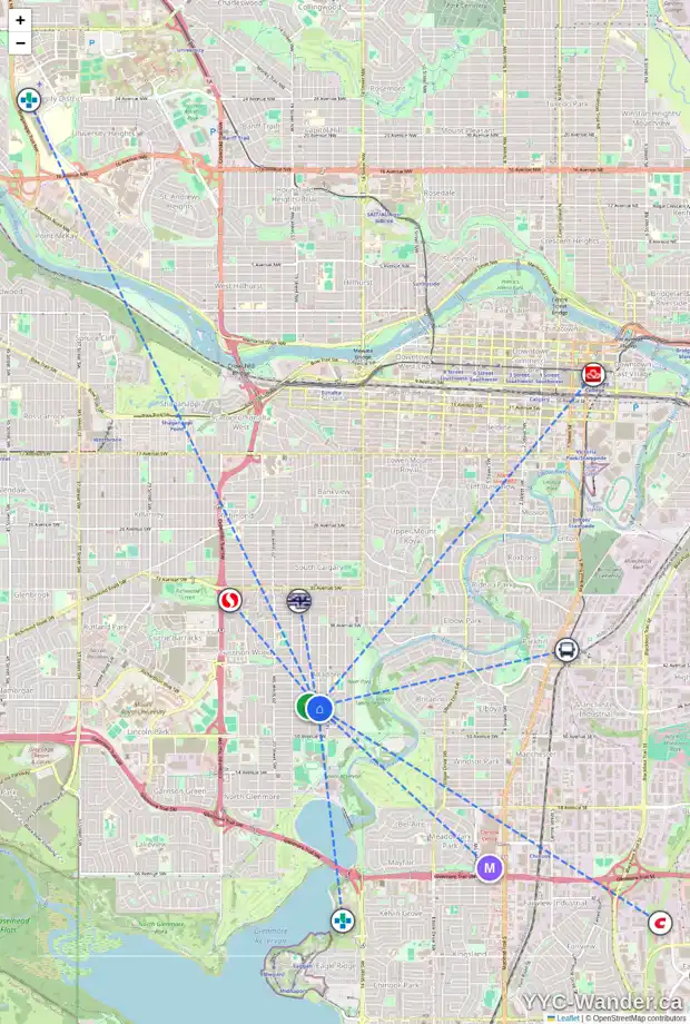 Daily accessibility map for 1728 47 AV SW, Calgary showing nearby schools, grocery stores, parks, LRT stations and nearby amenities