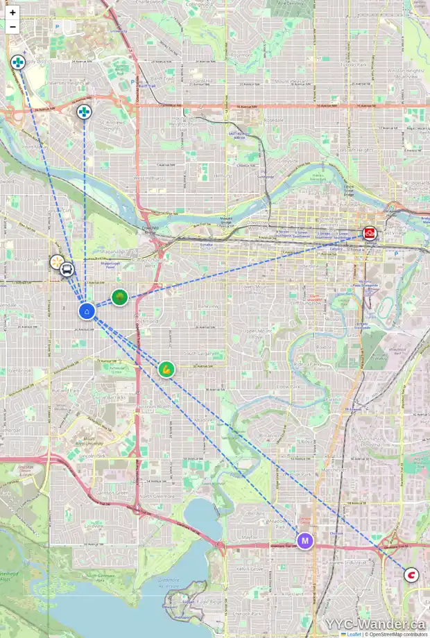 Daily accessibility map for 2239 30 ST SW, Calgary showing nearby schools, grocery stores, parks, LRT stations and nearby amenities