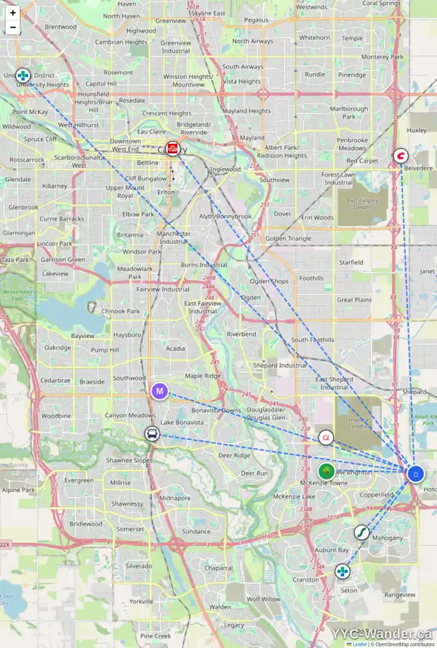 Daily accessibility map for 8687 146 AV SE, Calgary showing nearby schools, grocery stores, parks, LRT stations and nearby amenities