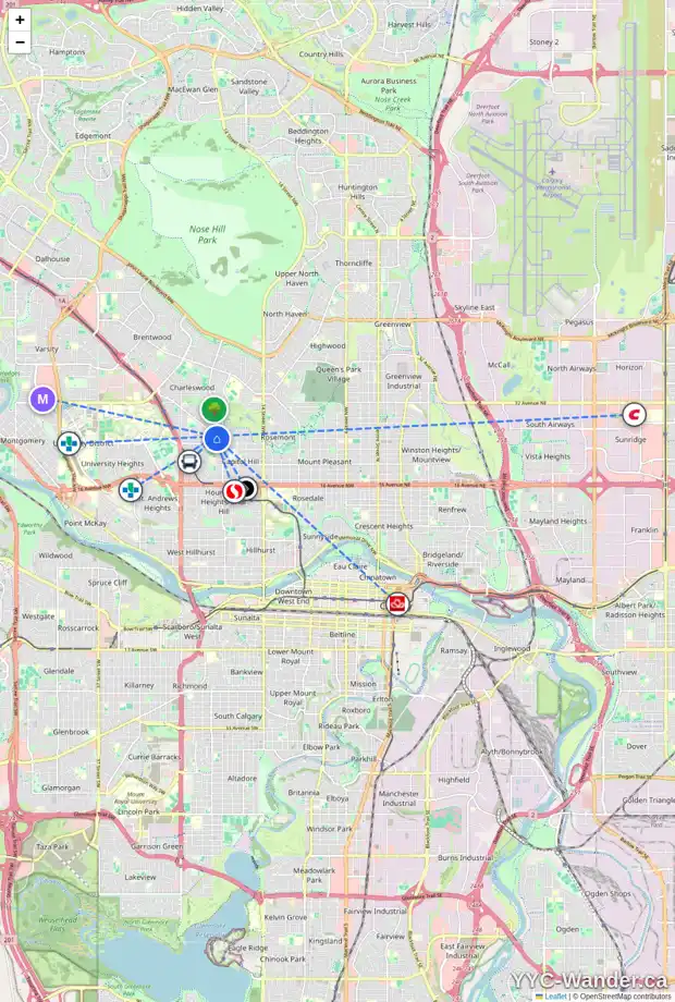Daily accessibility map for 2535 MORLEY TR NW, Calgary showing nearby schools, grocery stores, parks, LRT stations and nearby amenities