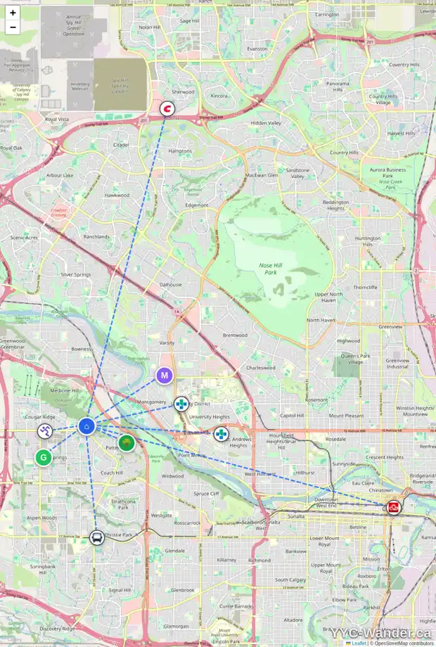 Daily accessibility map for 38 COULEE VW SW, Calgary showing nearby schools, grocery stores, parks, LRT stations and nearby amenities