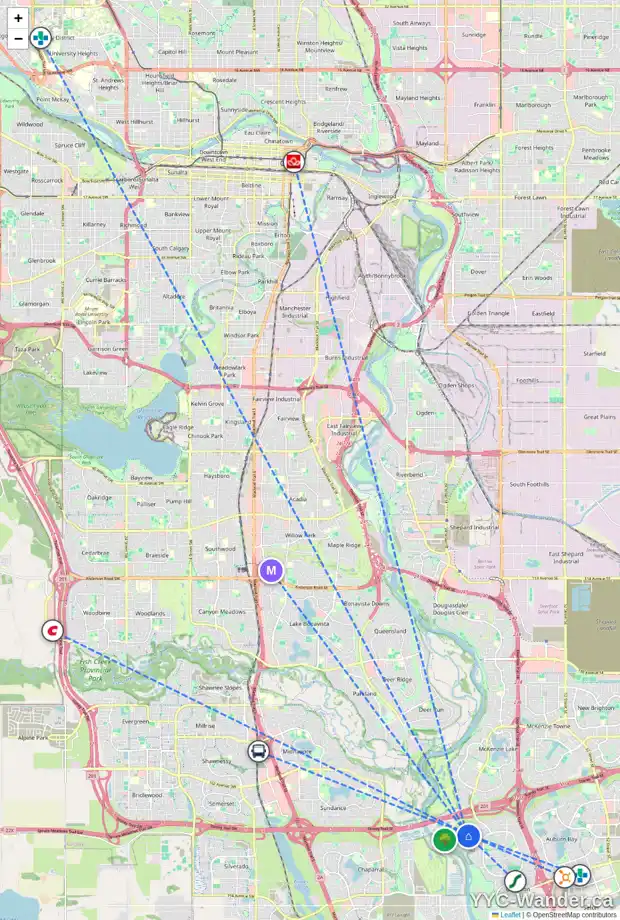 Daily accessibility map for 27 CRANLEIGH WY SE, Calgary showing nearby schools, grocery stores, parks, LRT stations and nearby amenities