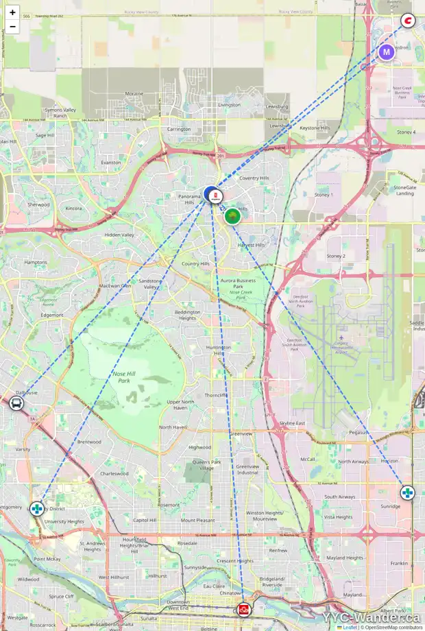 Daily accessibility map for 347 PANATELLA CO NW, Calgary showing nearby schools, grocery stores, parks, LRT stations and nearby amenities