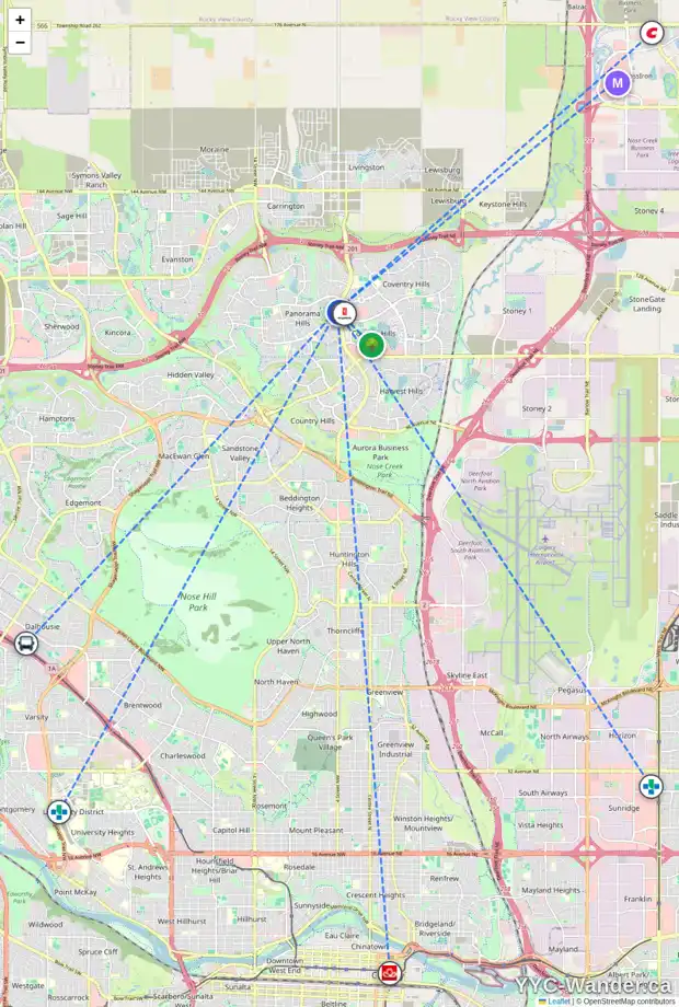 Daily accessibility map for 206 PANATELLA CI NW, Calgary showing nearby schools, grocery stores, parks, LRT stations and nearby amenities