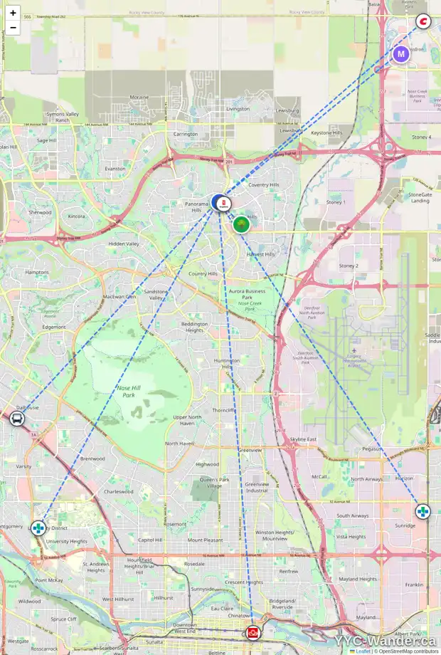 Daily accessibility map for 218 PANATELLA CI NW, Calgary showing nearby schools, grocery stores, parks, LRT stations and nearby amenities