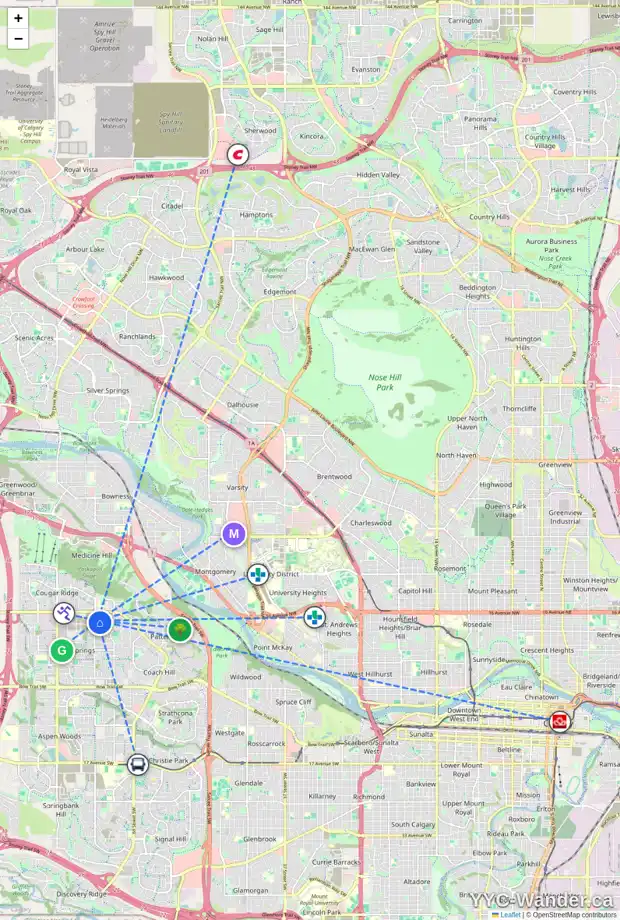 Daily accessibility map for 19 WESTON MR SW, Calgary showing nearby schools, grocery stores, parks, LRT stations and nearby amenities