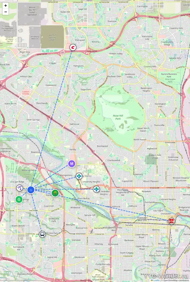 Daily accessibility map for 104 WESTON PL SW, Calgary showing nearby schools, grocery stores, parks, LRT stations and nearby amenities