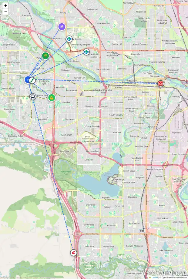 Daily accessibility map for 14 STRATHRIDGE PA SW, Calgary showing nearby schools, grocery stores, parks, LRT stations and nearby amenities