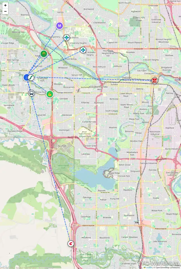 Daily accessibility map for 22 STRATHRIDGE PA SW, Calgary showing nearby schools, grocery stores, parks, LRT stations and nearby amenities