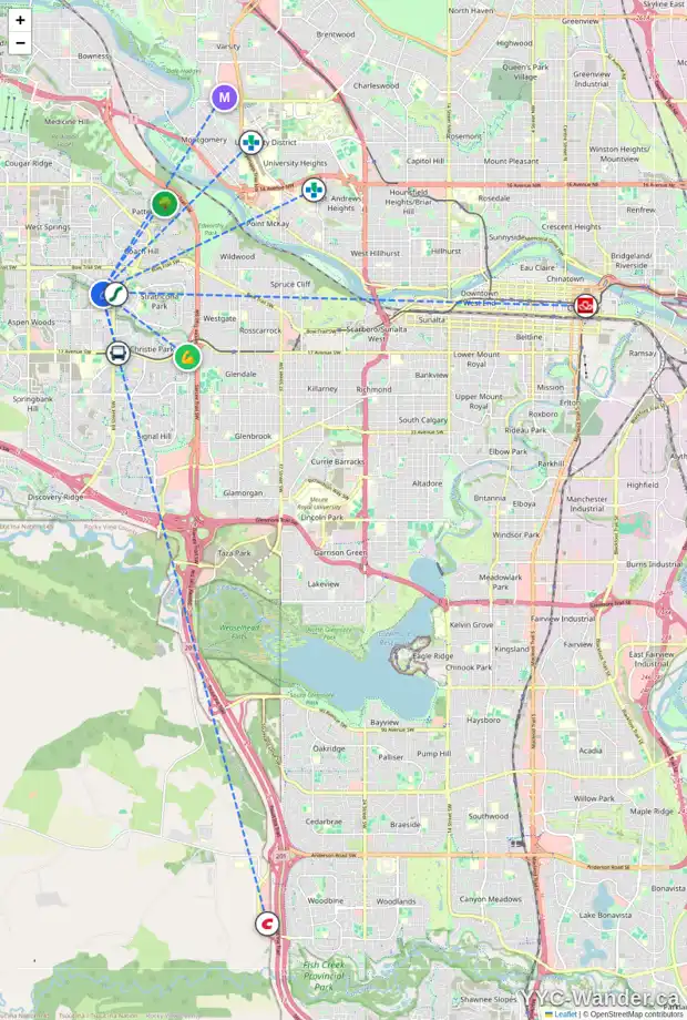 Daily accessibility map for 34 STRATHRIDGE PA SW, Calgary showing nearby schools, grocery stores, parks, LRT stations and nearby amenities