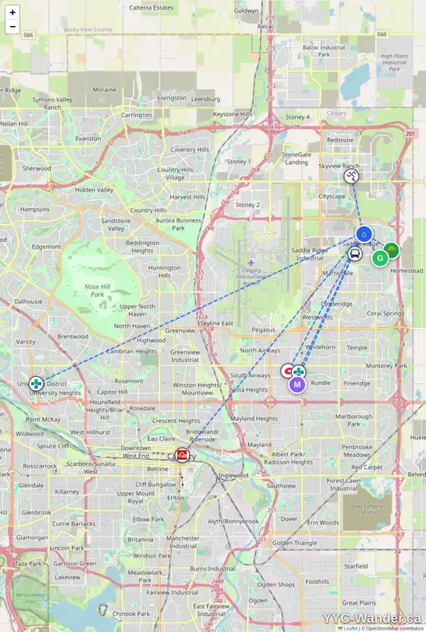 Daily accessibility map for 46 SADDLECREST CL NE, Calgary showing nearby schools, grocery stores, parks, LRT stations and nearby amenities